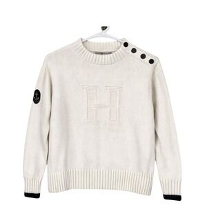 Tommy Hilfiger White Nautical Sweater L Anchor‎ Buttons Cotton Knit Preppy